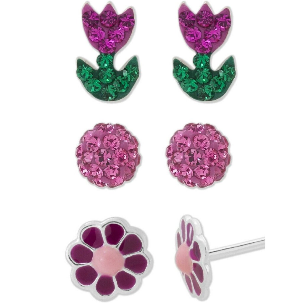 Sterling Silver Crystal Flower And Stud Earring Set 3 Pair With Safety Backs 28$